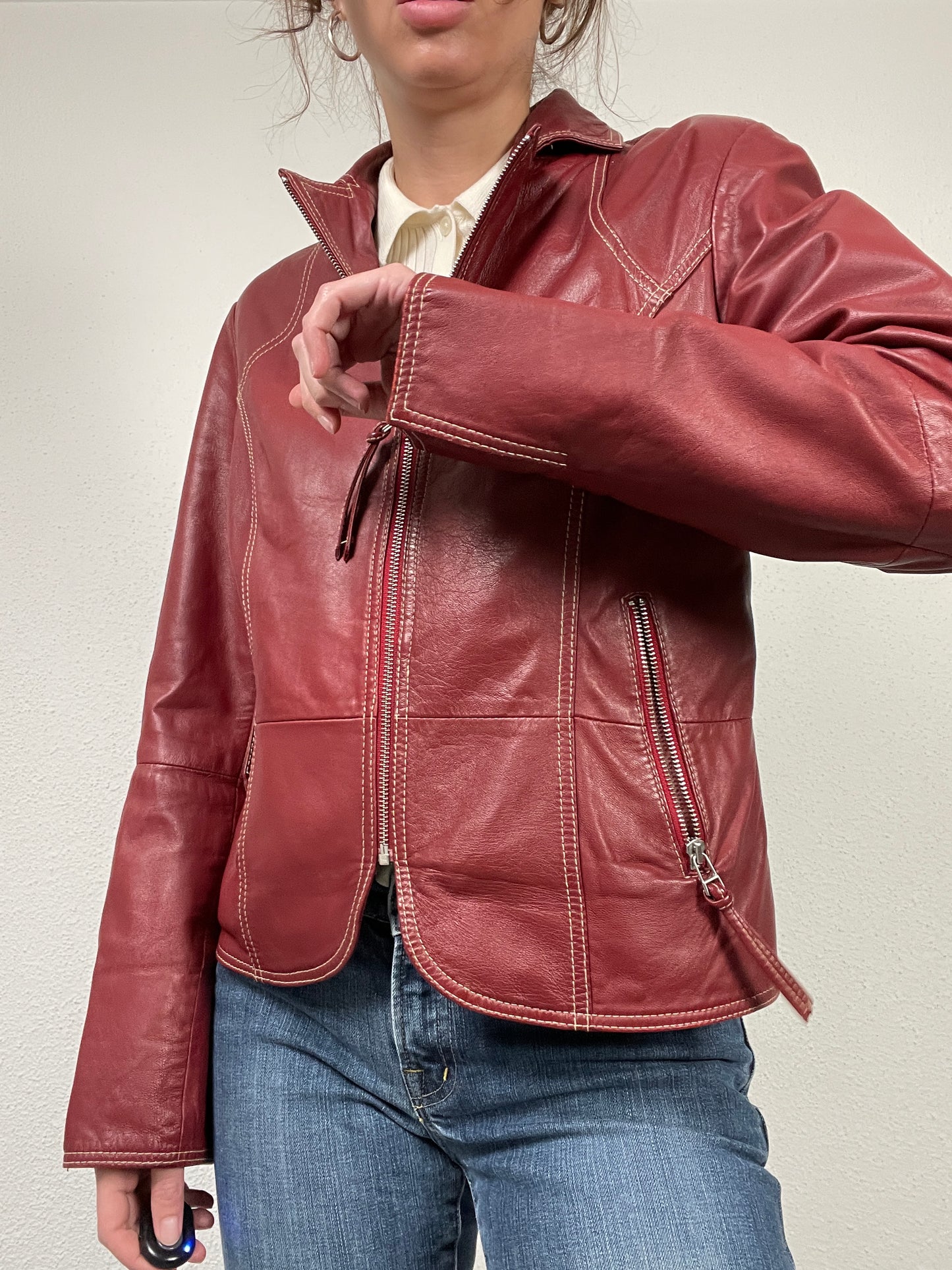 Vintage Y2K 2000s burgundy leather jacket