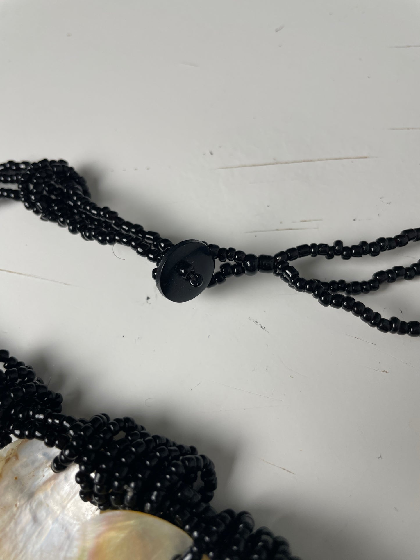 Vintage Black Beaded Necklace with Shell Discs