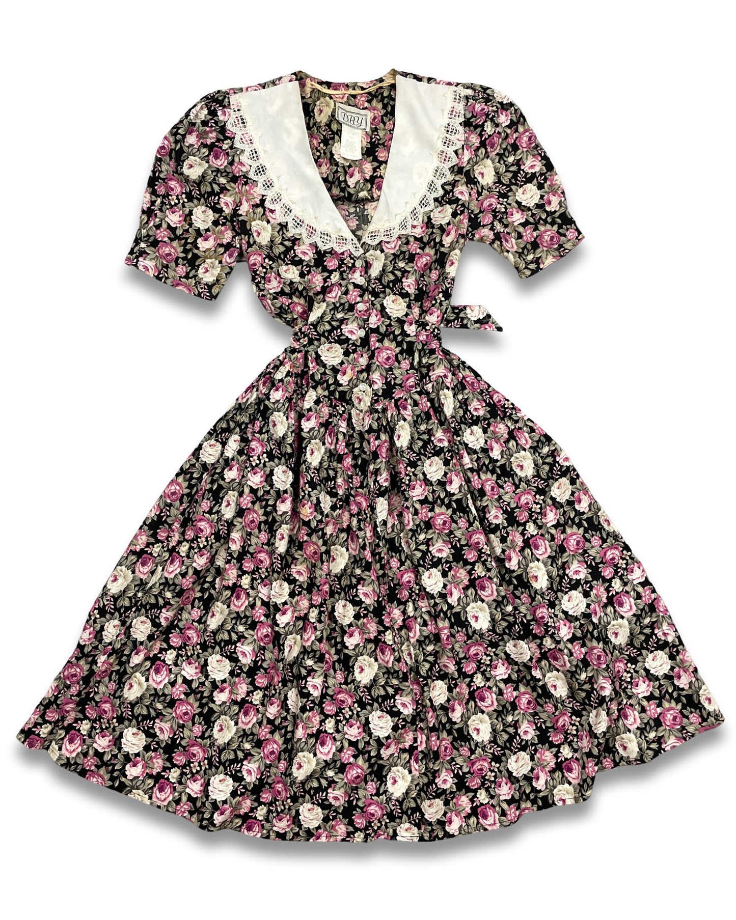 Vintage 80s Floral Midi Dress with Lace Collar