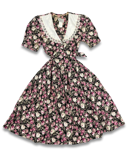 Vintage 80s Floral Midi Dress with Lace Collar