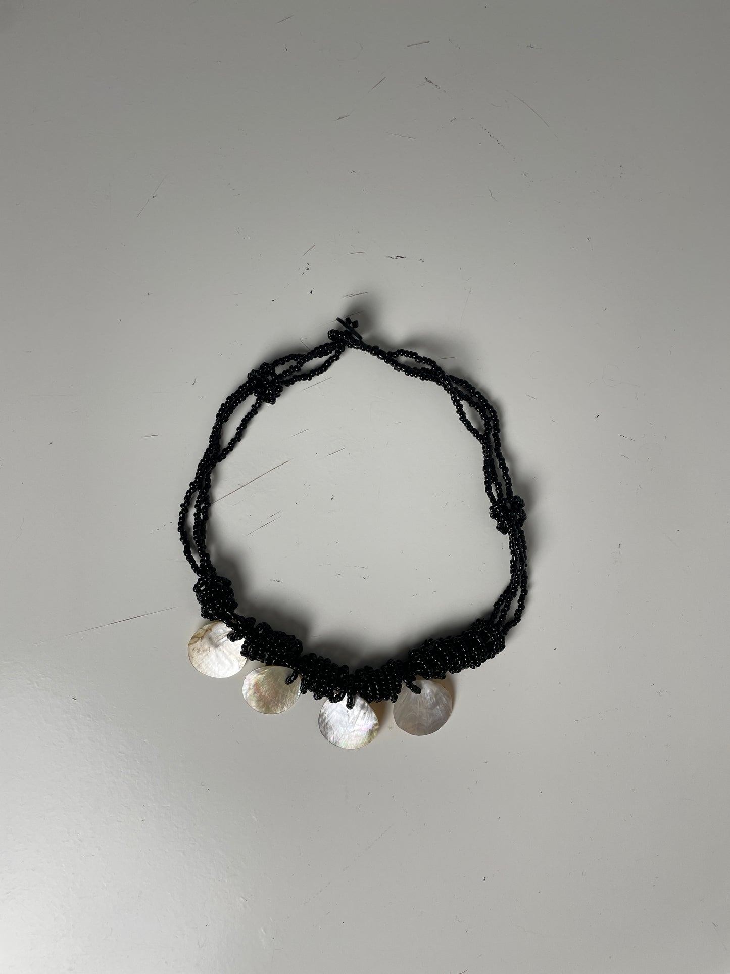 Vintage Black Beaded Necklace with Shell Discs