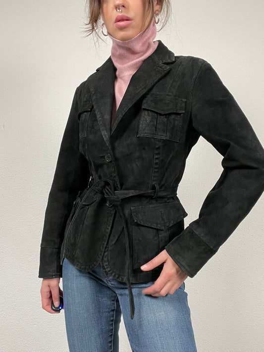 Vintage Y2K black suede jacket with a belt