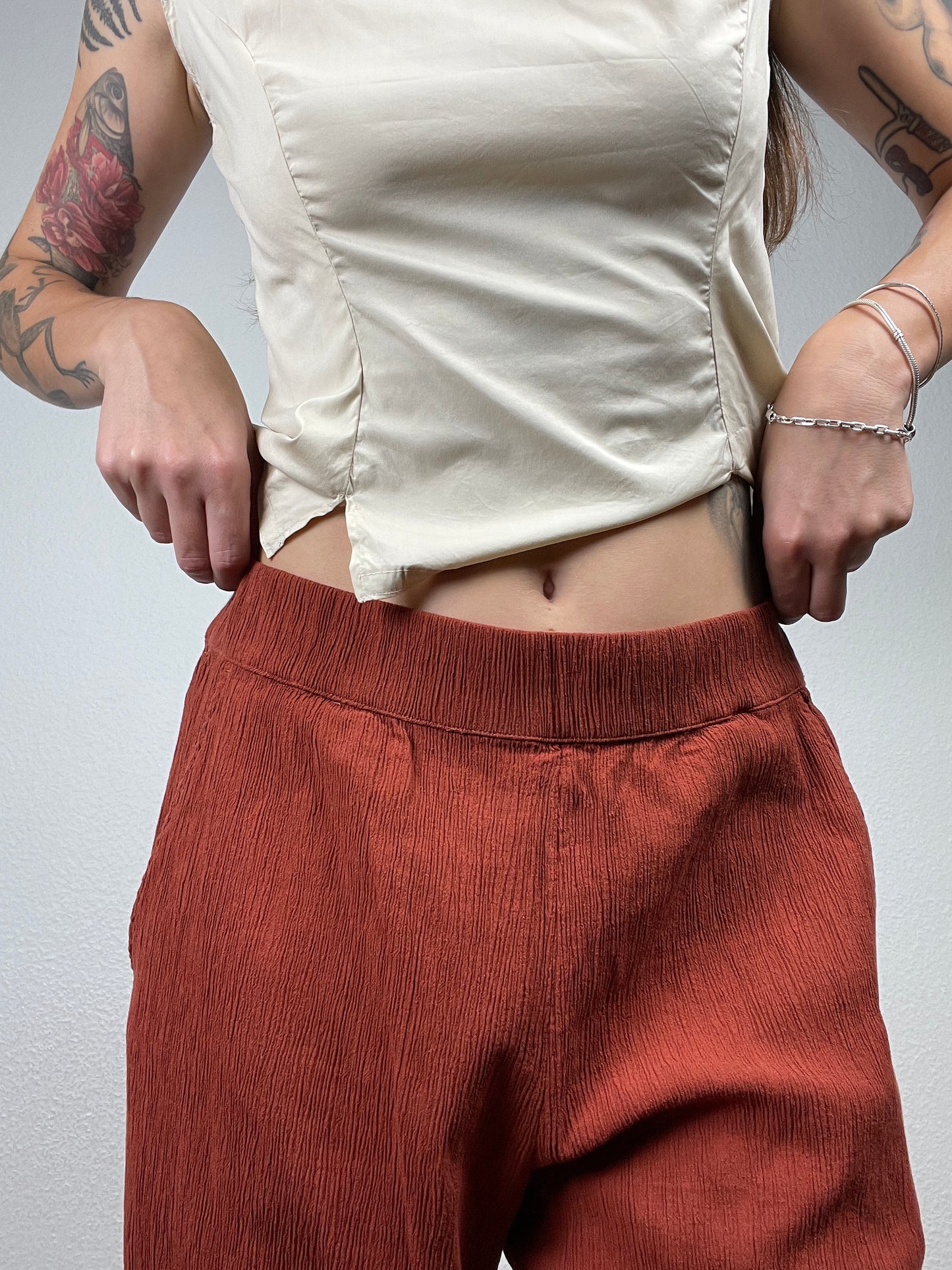 Rust Wide-Leg Textured Pants