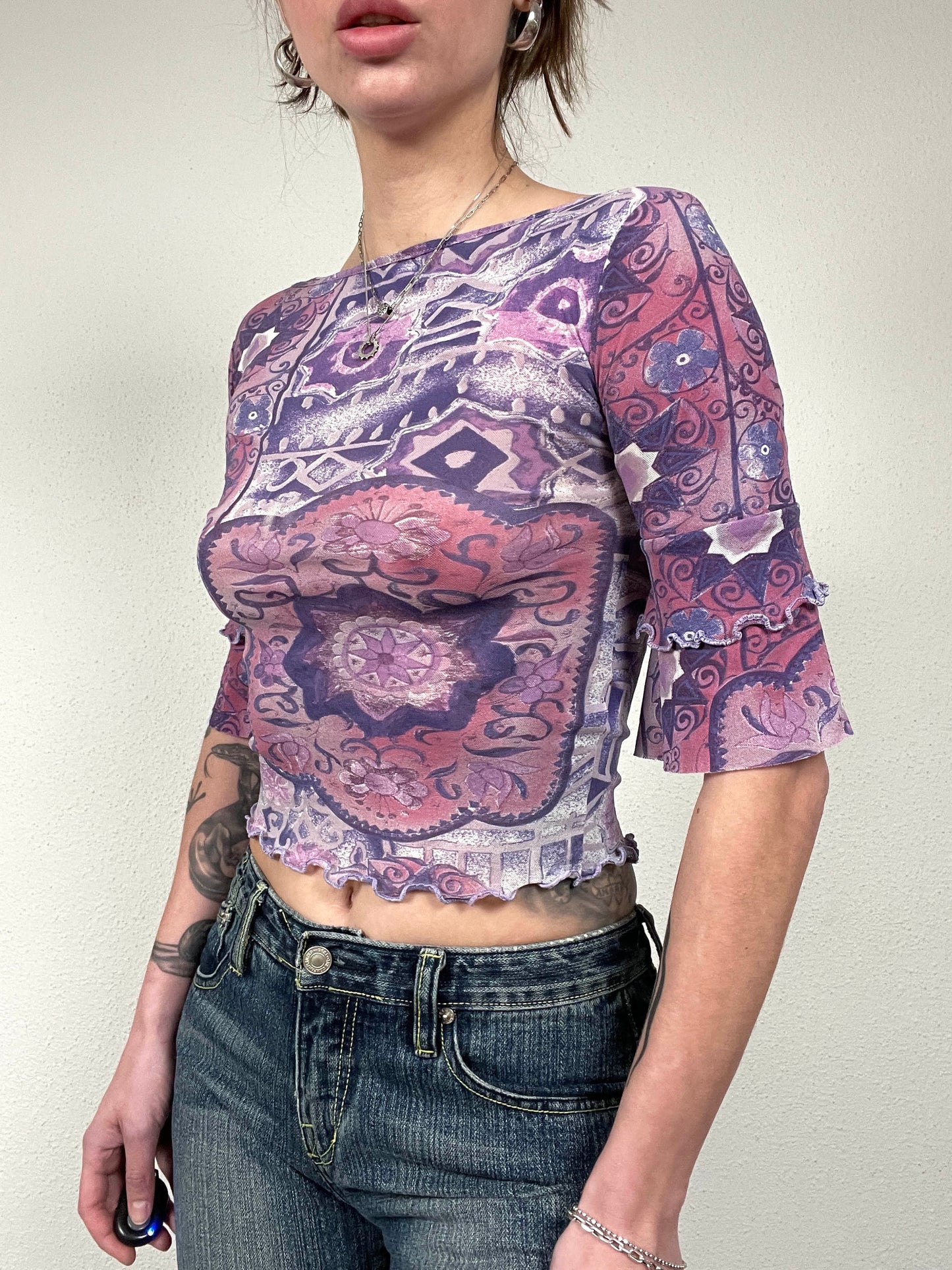 Vintage Printed mesh Purple Crop Top