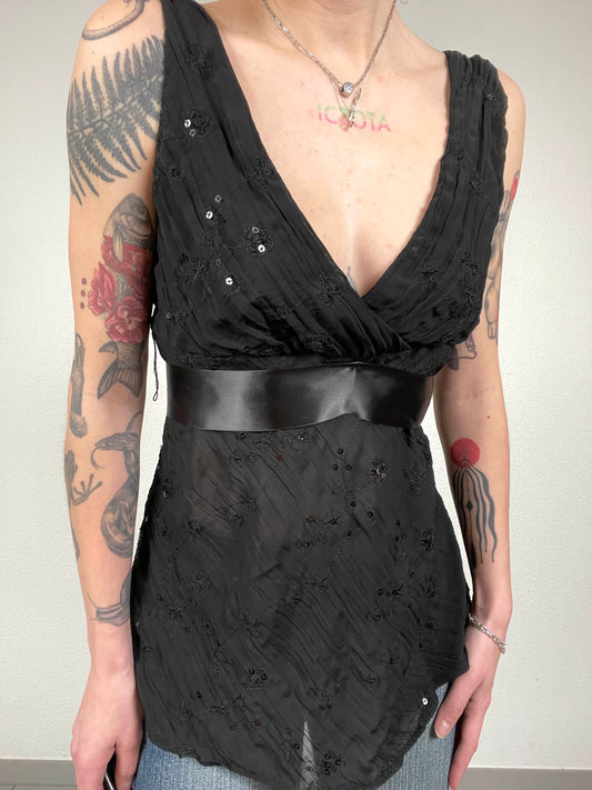 Vintage Y2K Black Embroidered Top with Satin Belt
