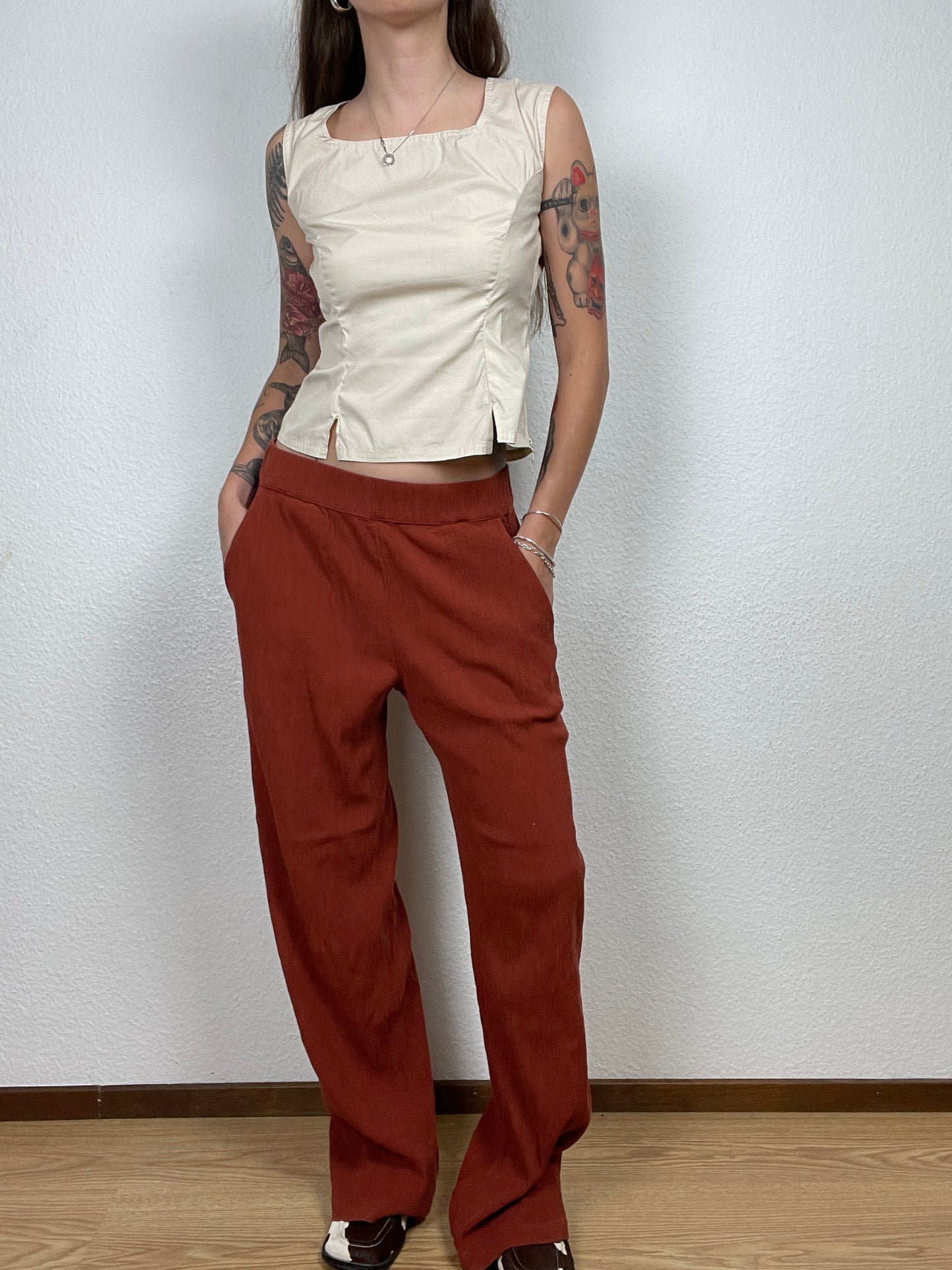 Rust Wide-Leg Textured Pants