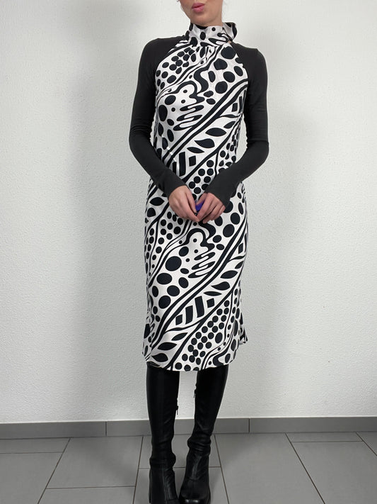 Vintage s.Oliver 100% Silk Midi Dress – Abstract Black & White Print – Size 36