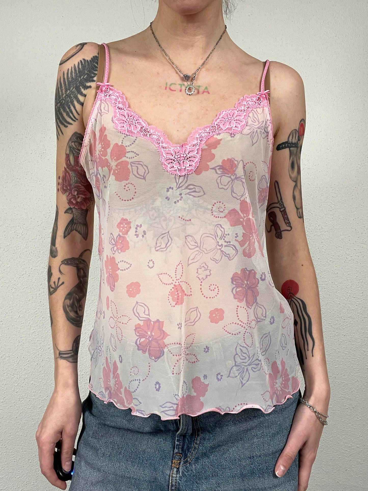 Vintage Sheer Pink Lace Cami Top
