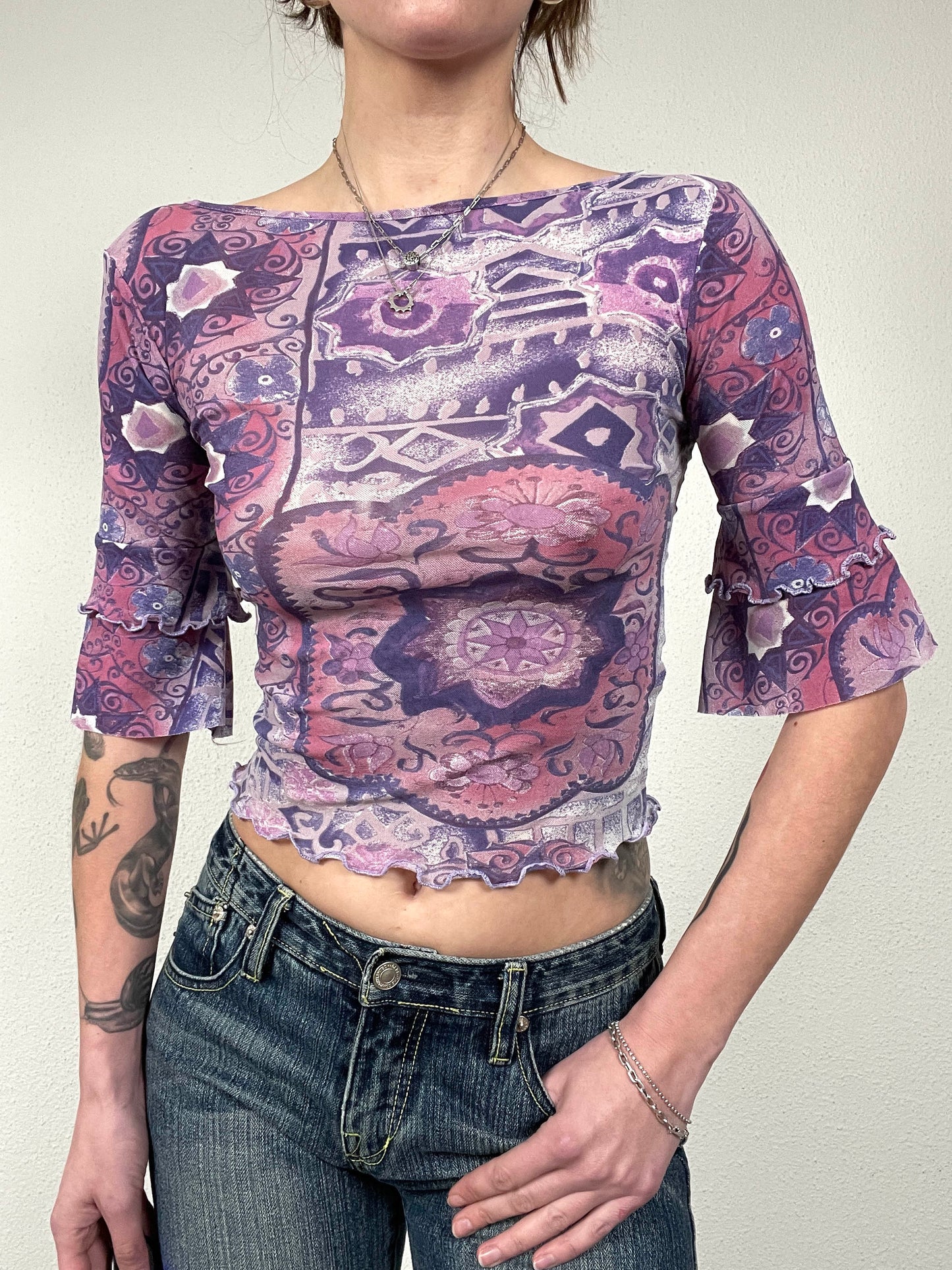 Vintage Printed mesh Purple Crop Top