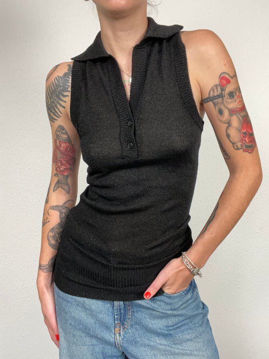 Vintage Y2K Black Metallic Knit Polo Tank Top – Size S/M