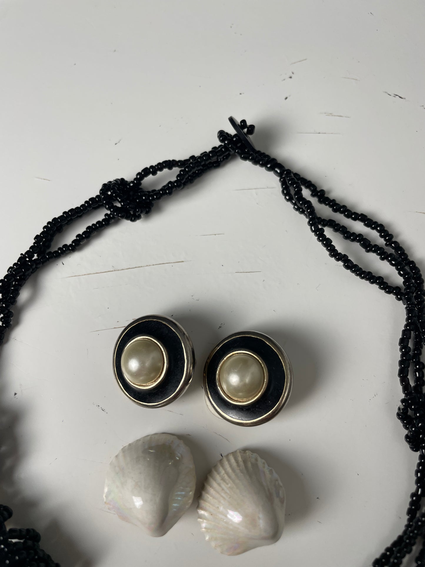 80s Vintage Black Enamel & Faux Pearl Clip-On Earrings