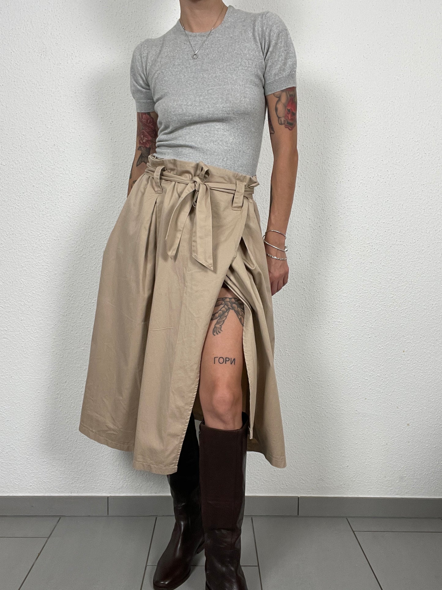 Vintage Beige Wrap Midi Skirt with Belt – Size M