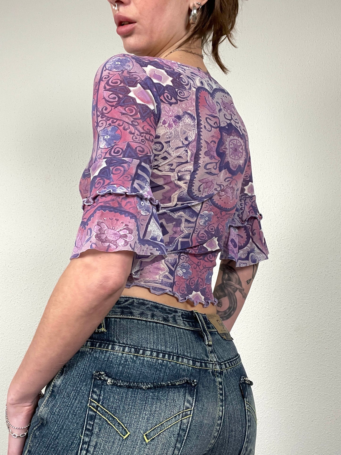Vintage Printed mesh Purple Crop Top