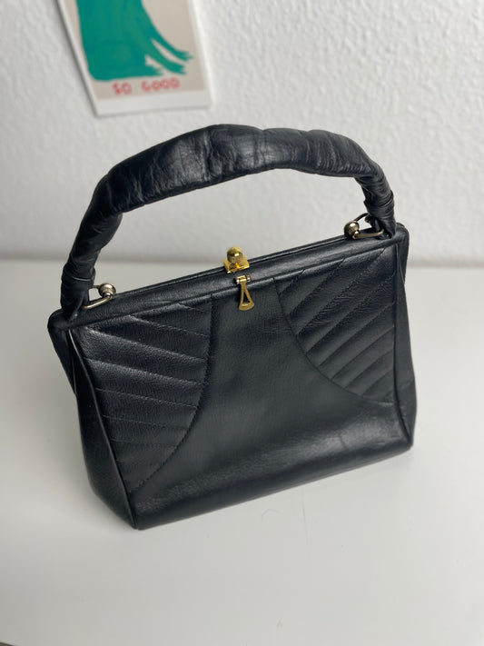 70s Vintage Swiss Made Black Leather Handle Bag