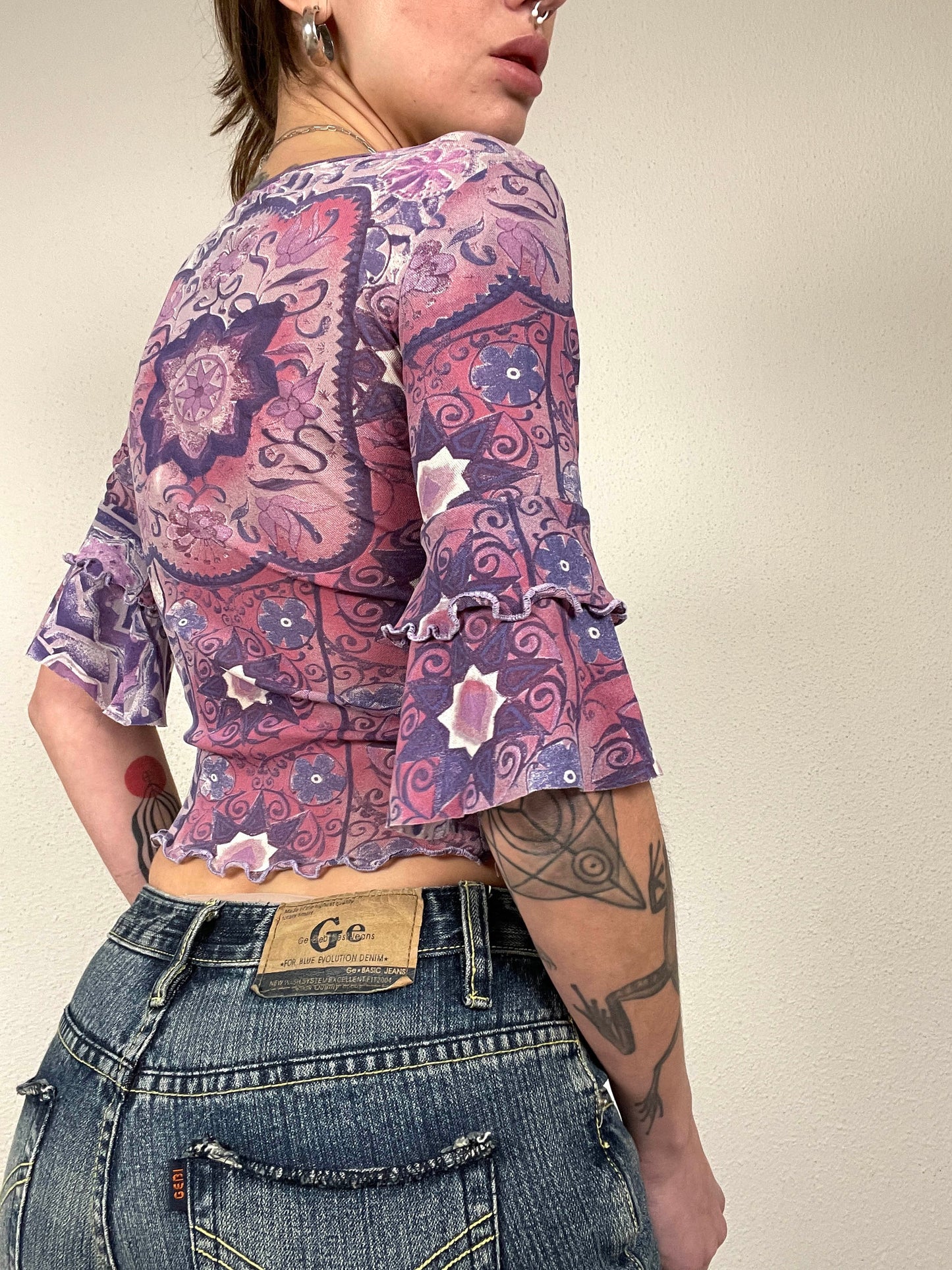 Vintage Printed mesh Purple Crop Top