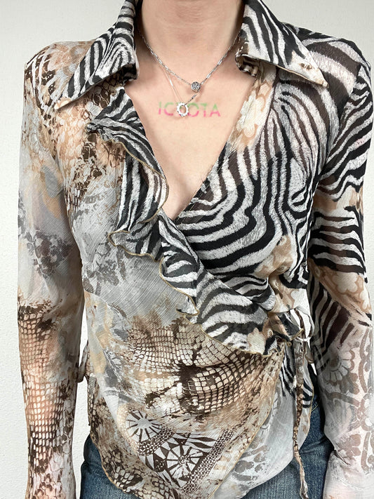 Vintage Y2K Zebra Print Wrap Blouse