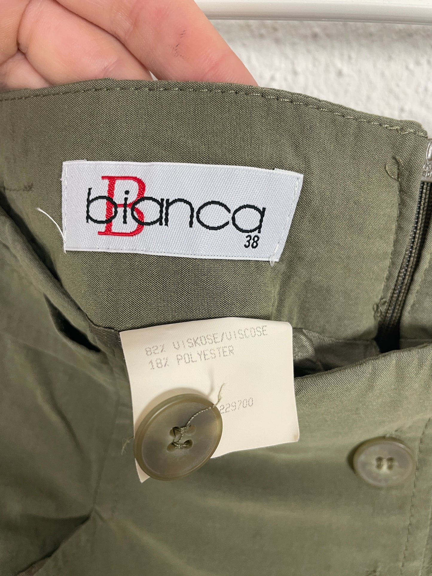 Vintage Bianca Olive Midi Skirt with Button Front – Size 38