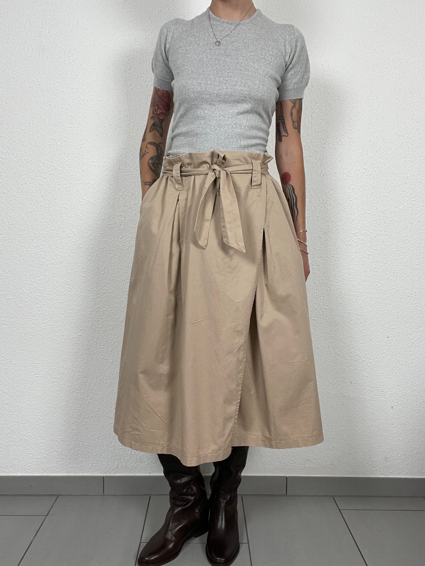 Vintage Beige Wrap Midi Skirt with Belt – Size M