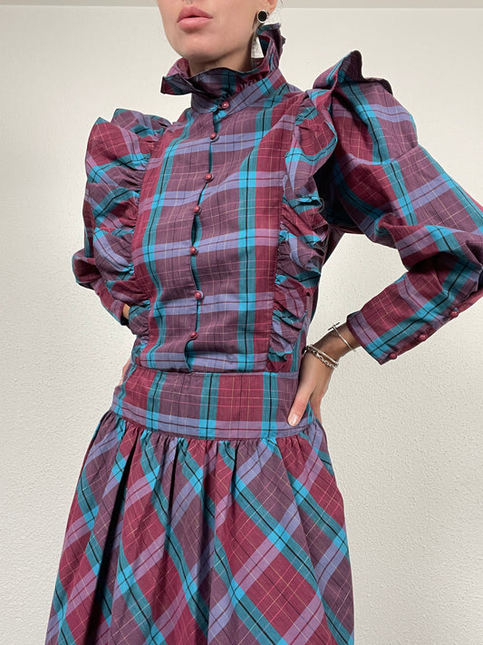 vintage 80s checkered midi dress with ruffles on the shoulders