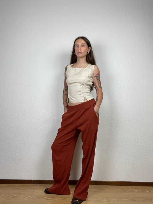 Rust Wide-Leg Textured Pants