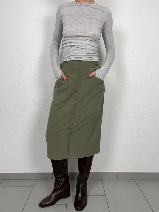 Vintage Bianca Olive Midi Skirt with Button Front – Size 38