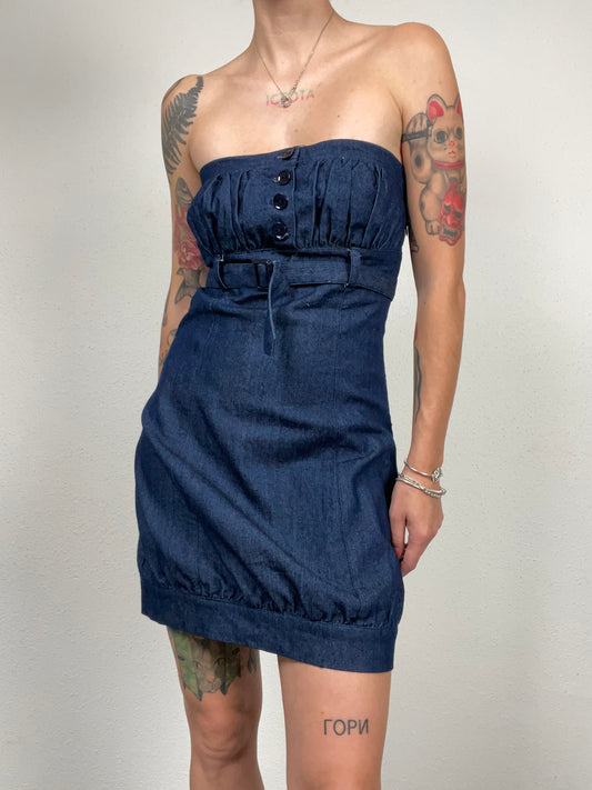 Vintage Y2K Strapless Denim Mini Dress with Belt – Size S