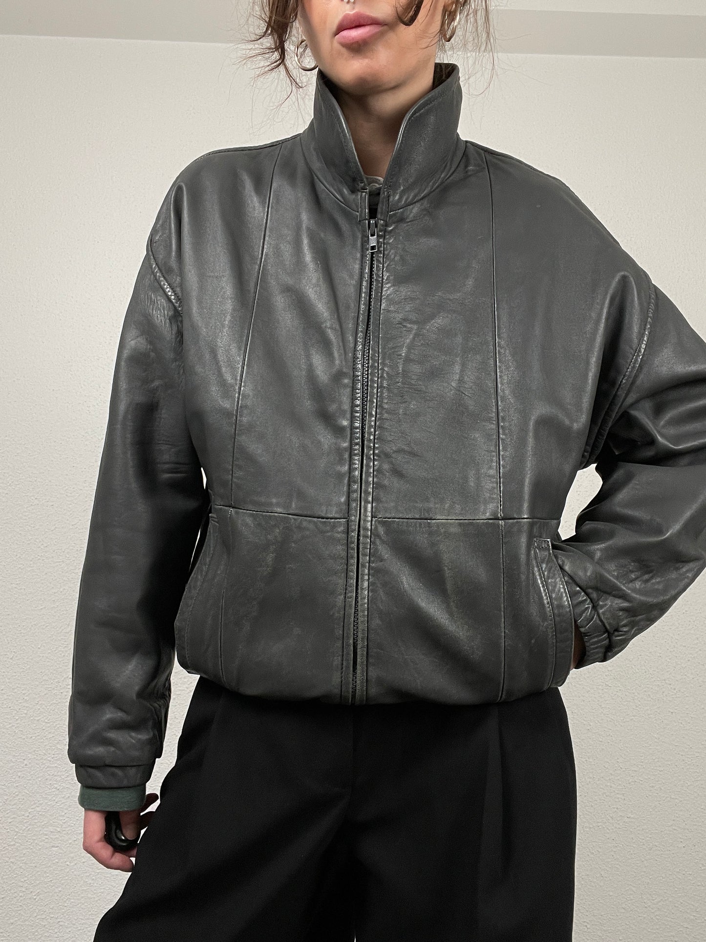Vintage 90s grey leather bomber jacket