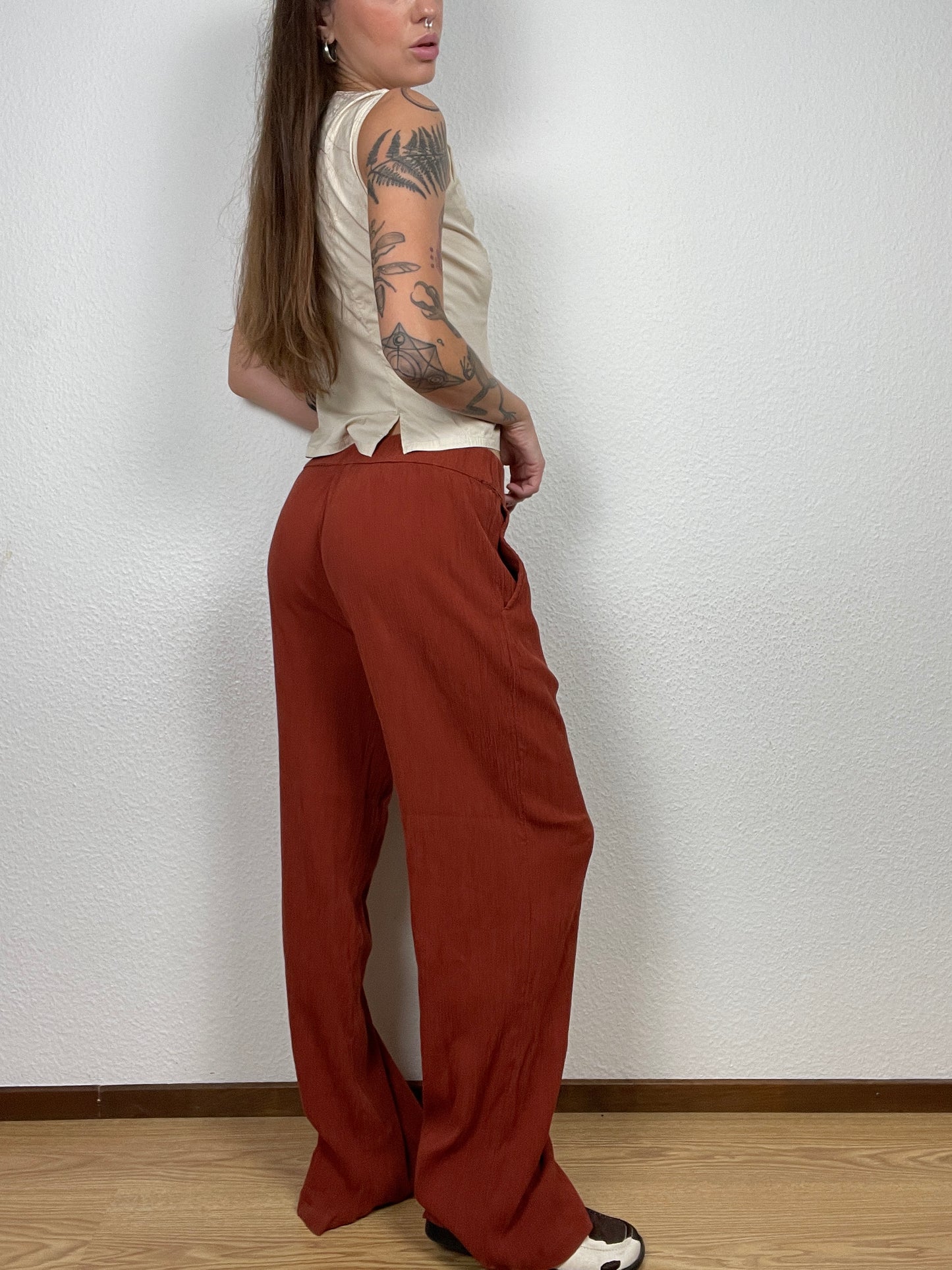 Rust Wide-Leg Textured Pants