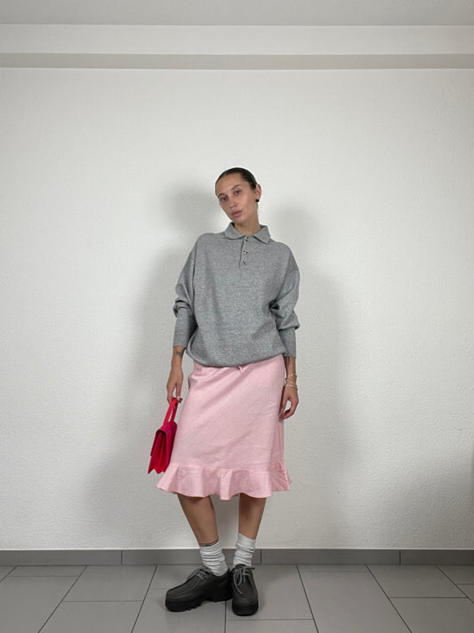 Vintage Y2K Pink Linen Skirt with Ruffle Hem