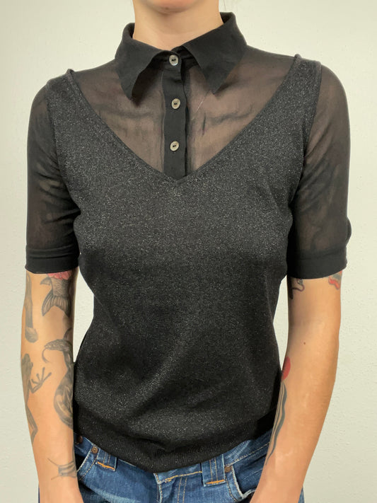 Vintage D&G Black Sheer Panel Polo Knit with Lurex – Size XS