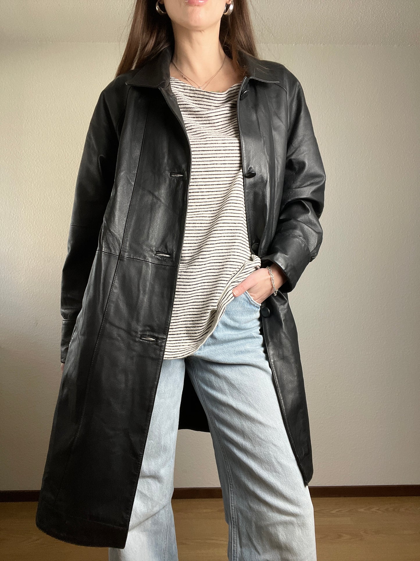 Vintage 90s black leather trench coat