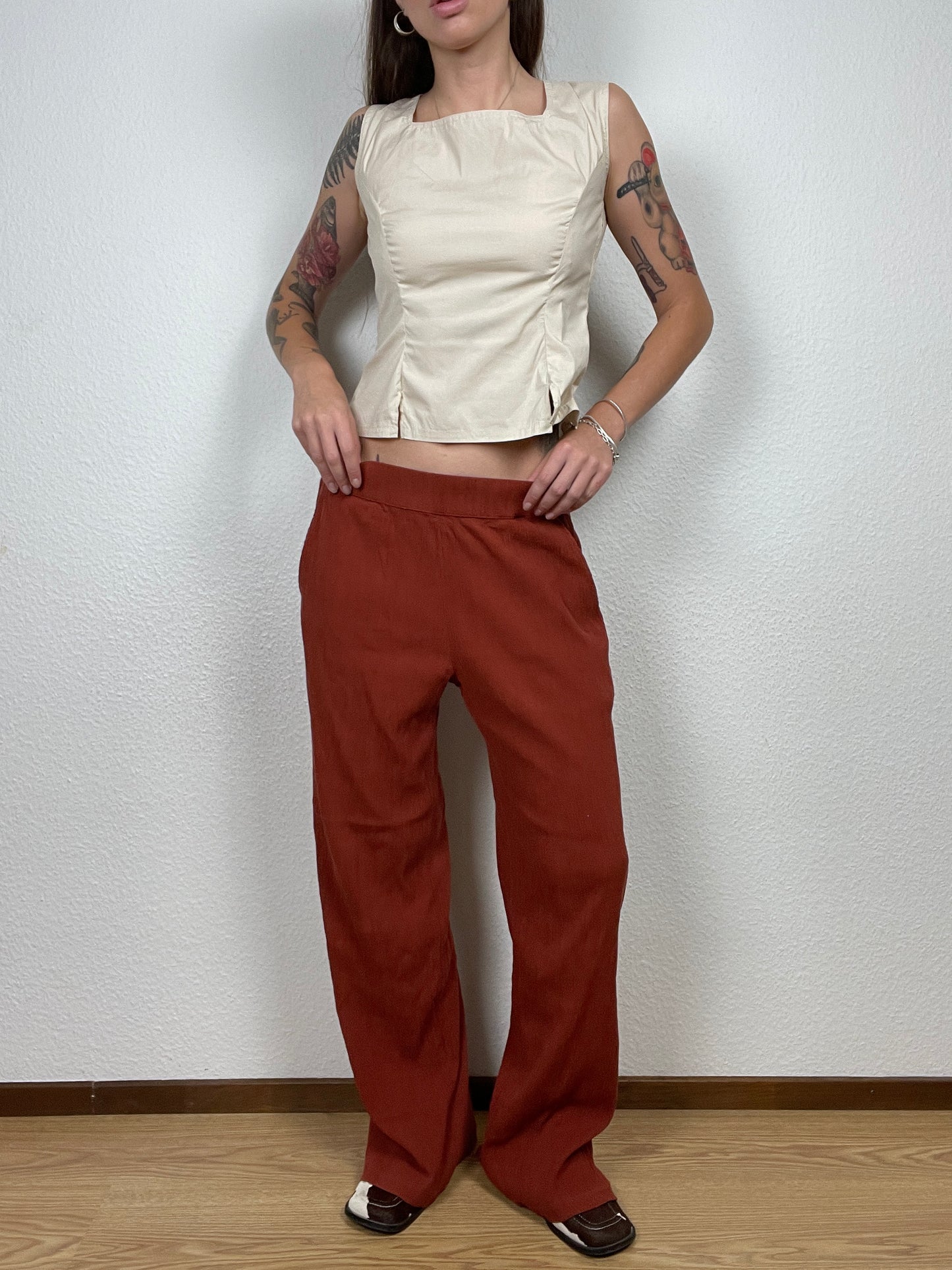 Rust Wide-Leg Textured Pants