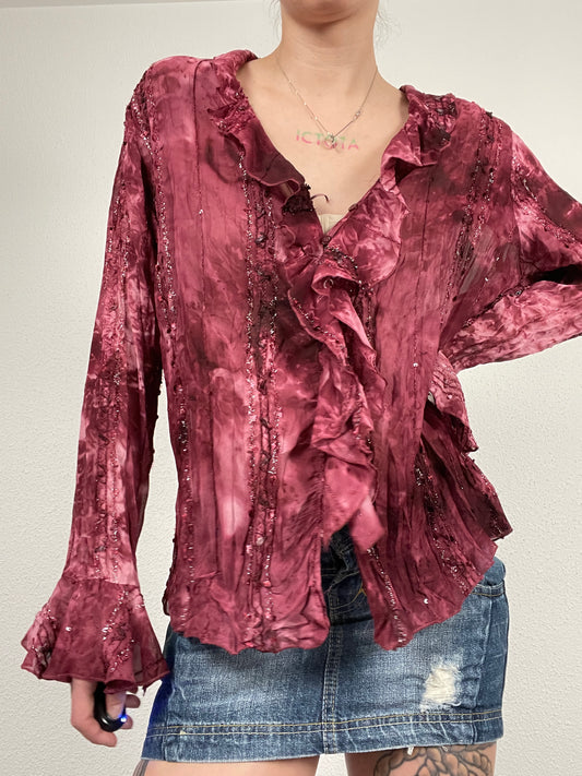 Vintage early 2000s burgundy ruffled blouse by Claudia Richard