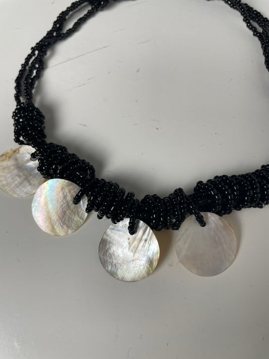 Vintage Black Beaded Necklace with Shell Discs