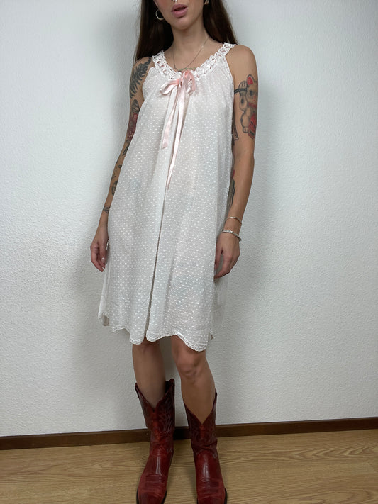 White Cotton Sleeveless Dress with Lace and Bow