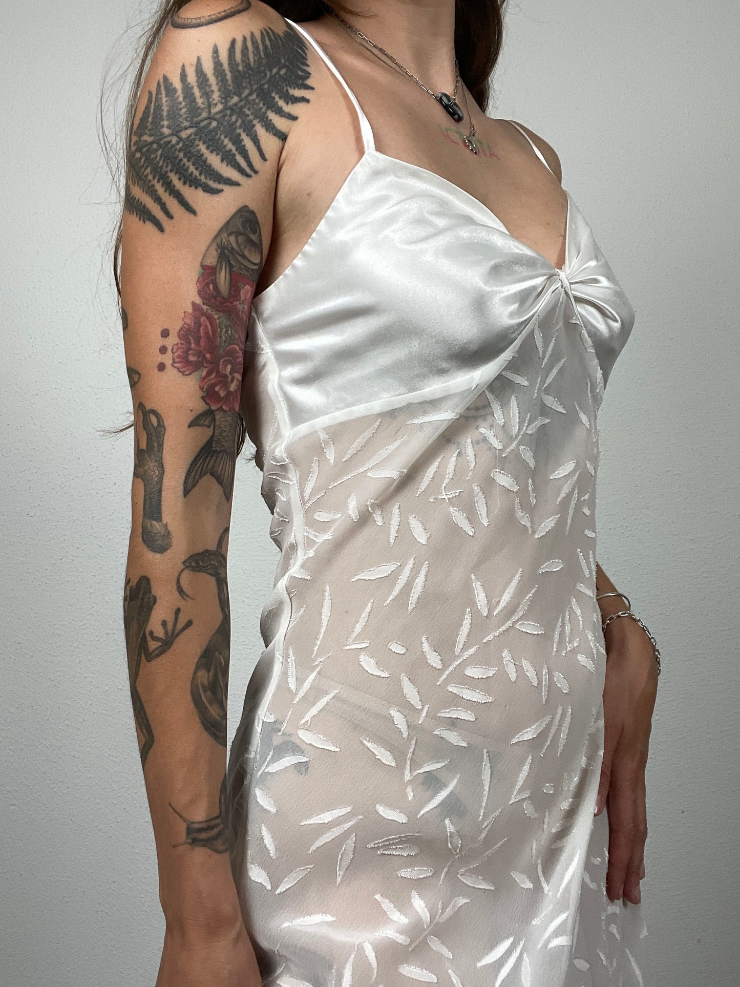 White Satin & Mesh Leaf Slip Dress