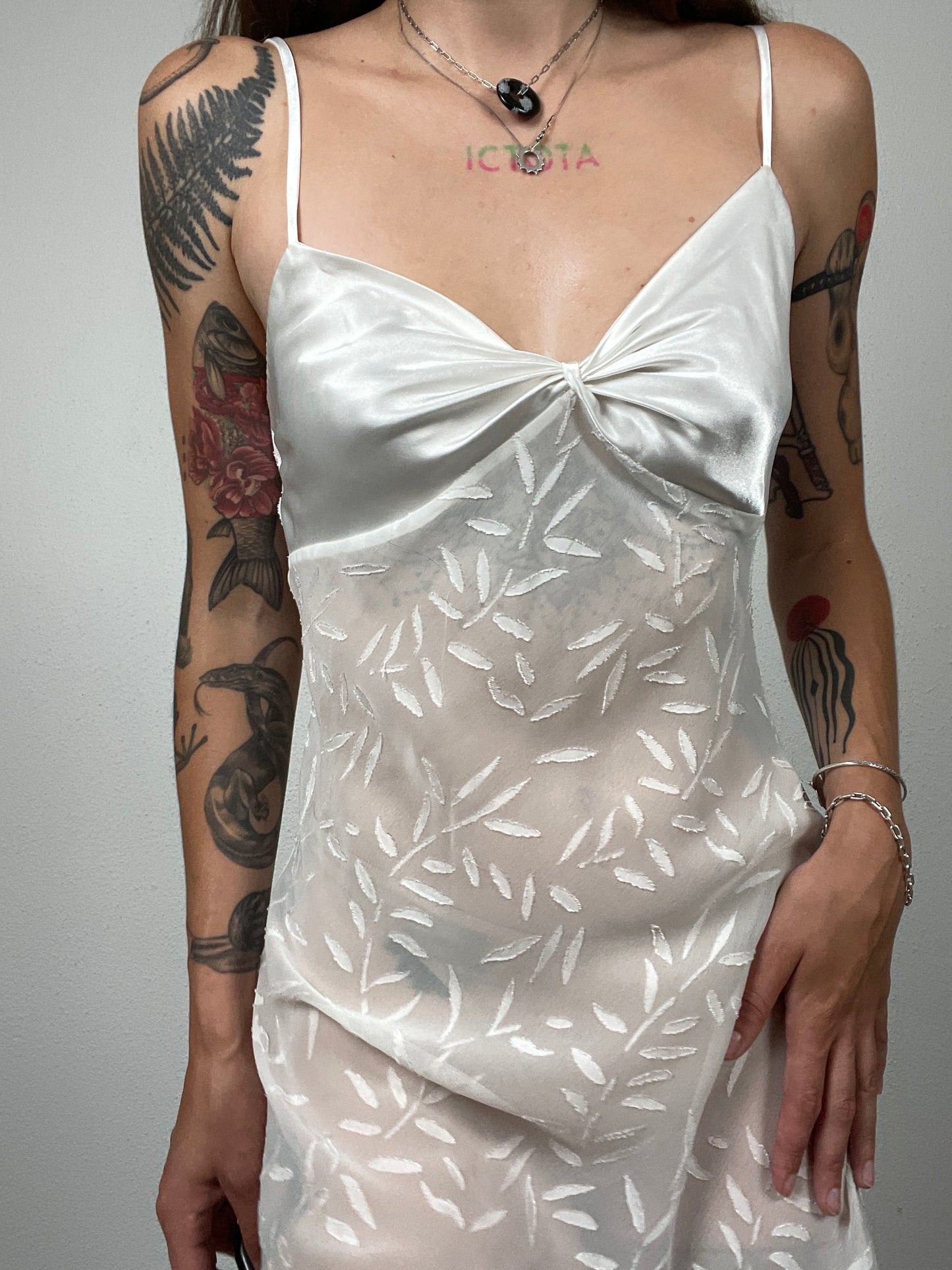 White Satin & Mesh Leaf Slip Dress