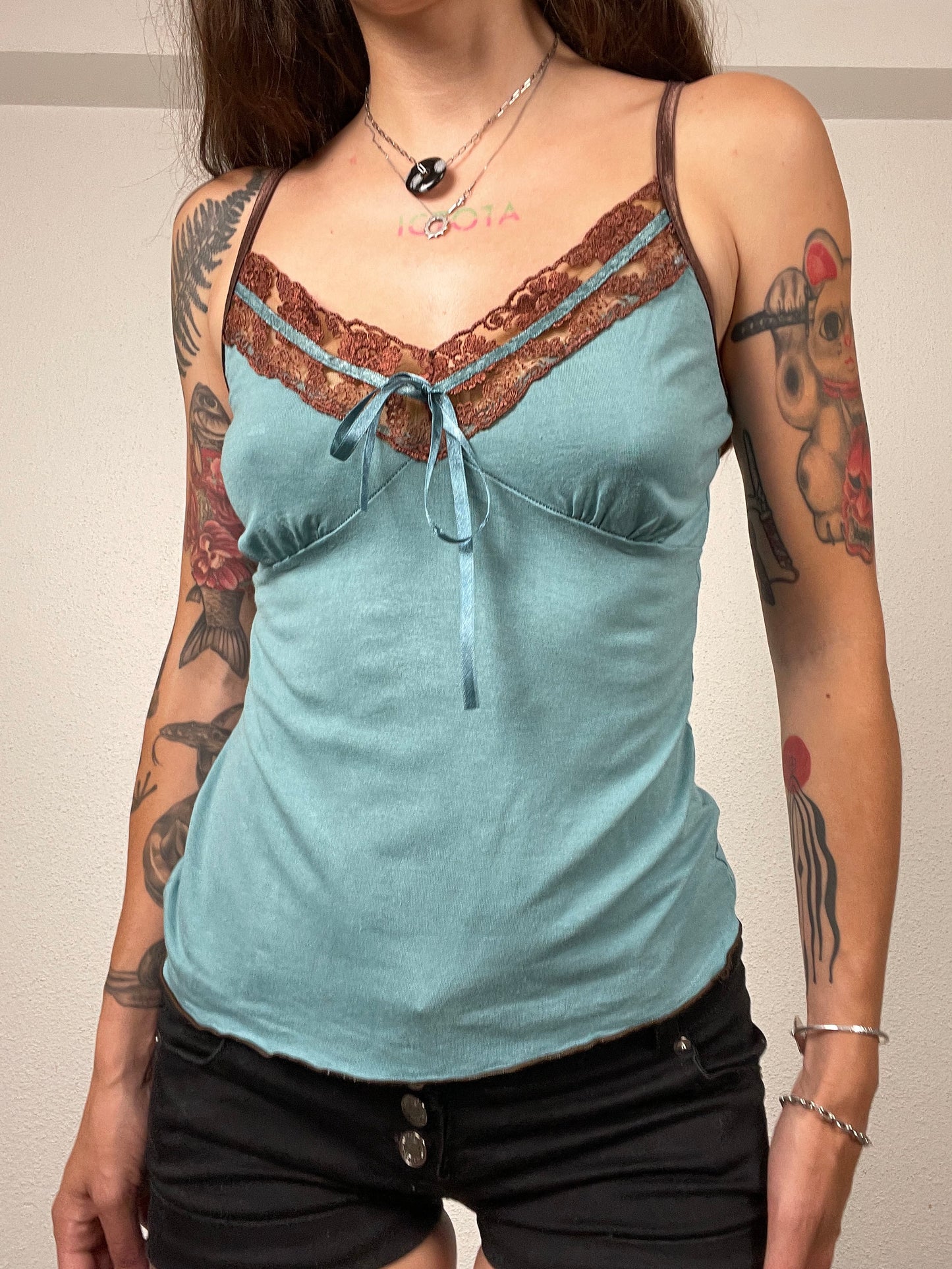 Y2K Teal & Brown Lace Trim Cami Top