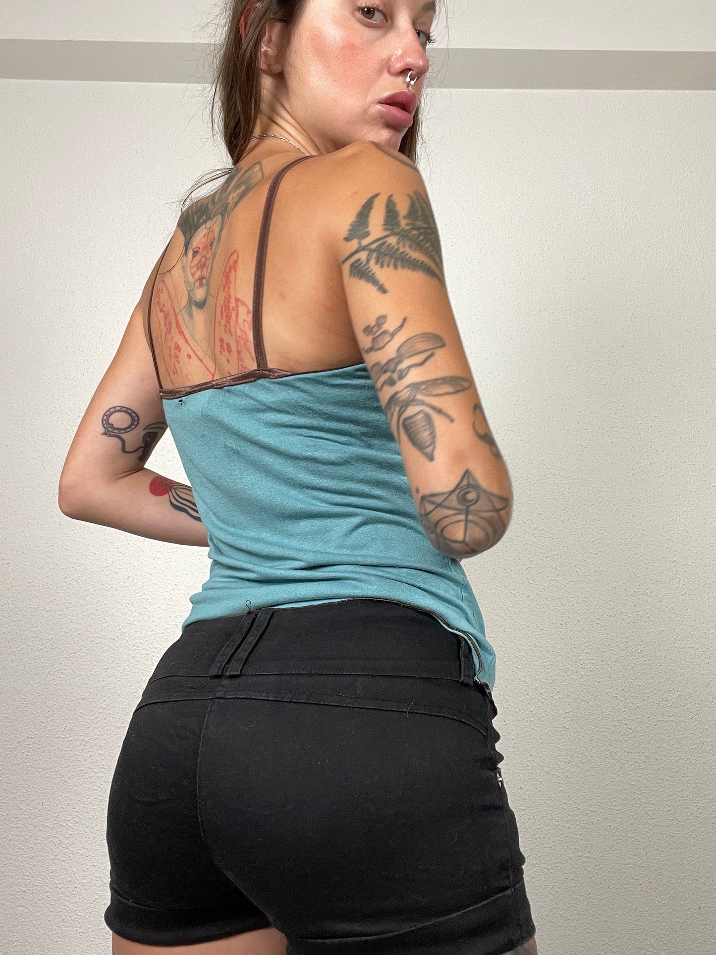 Y2K Teal & Brown Lace Trim Cami Top