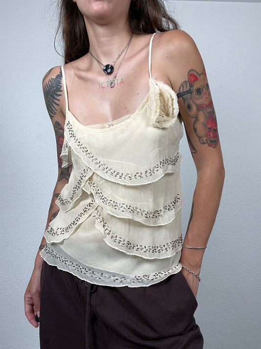 Y2K Cream Beaded Ruffle Cami Top