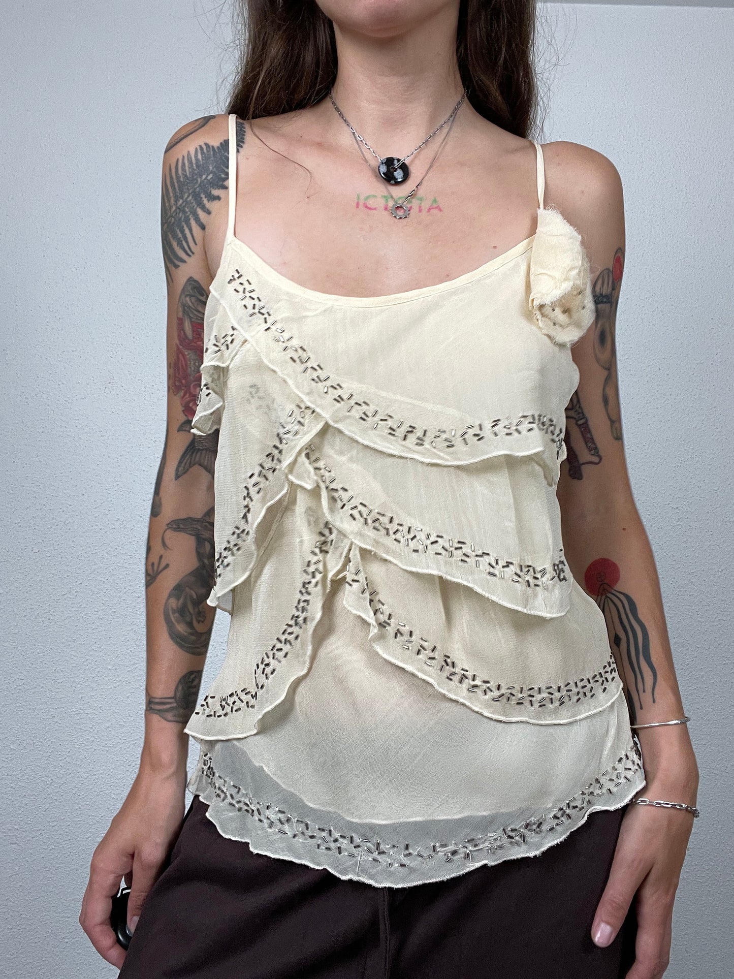 Y2K Cream Beaded Ruffle Cami Top