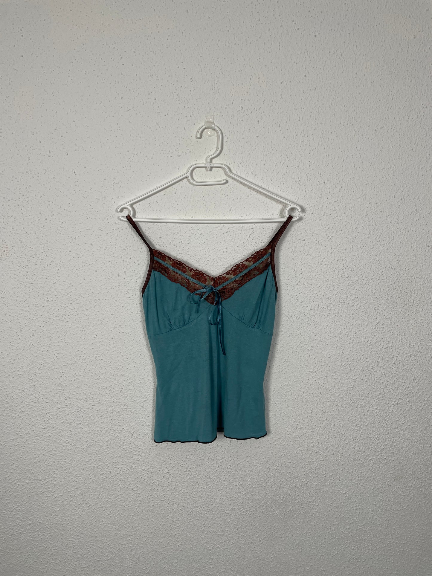 Y2K Teal & Brown Lace Trim Cami Top