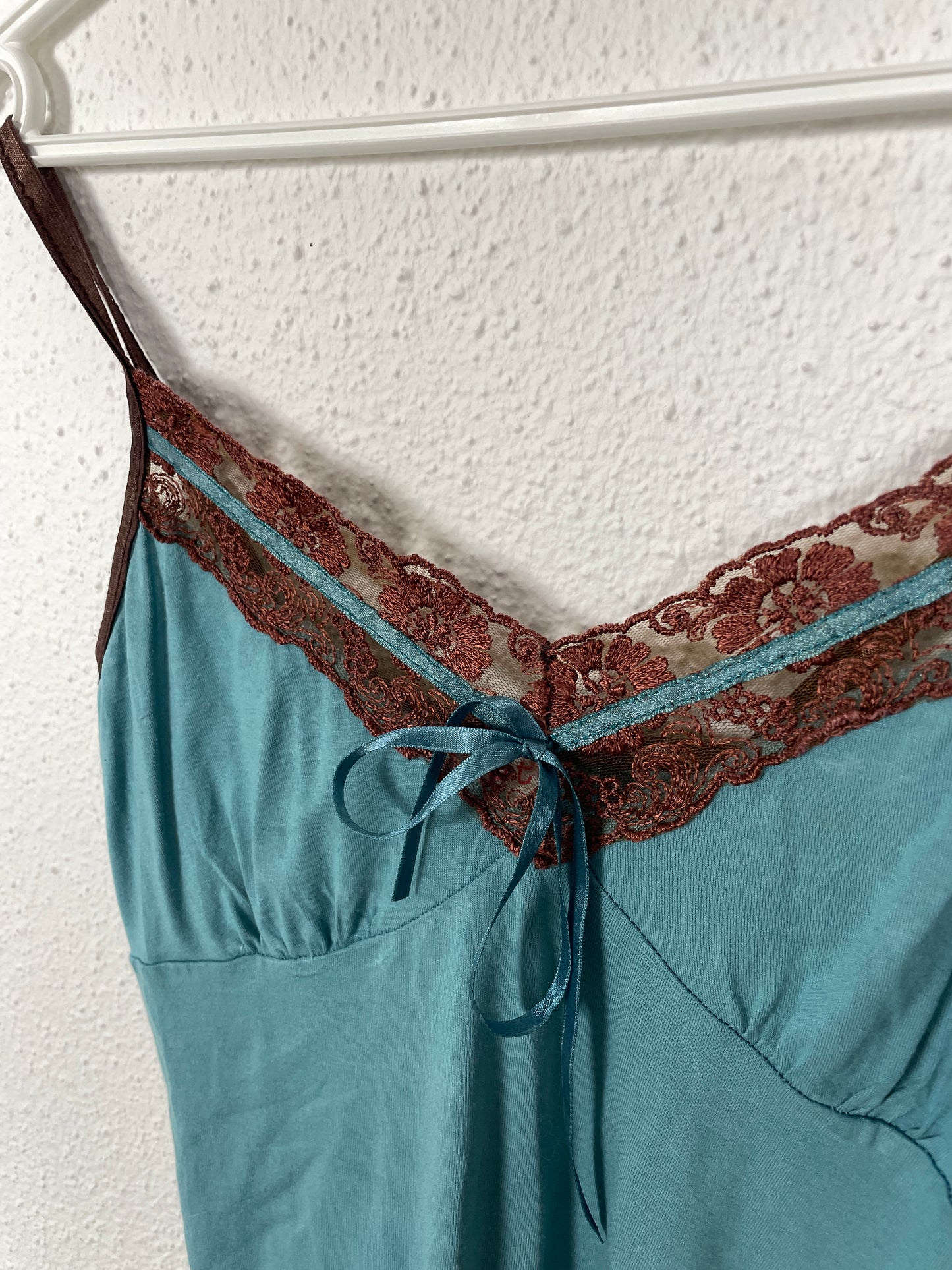 Y2K Teal & Brown Lace Trim Cami Top