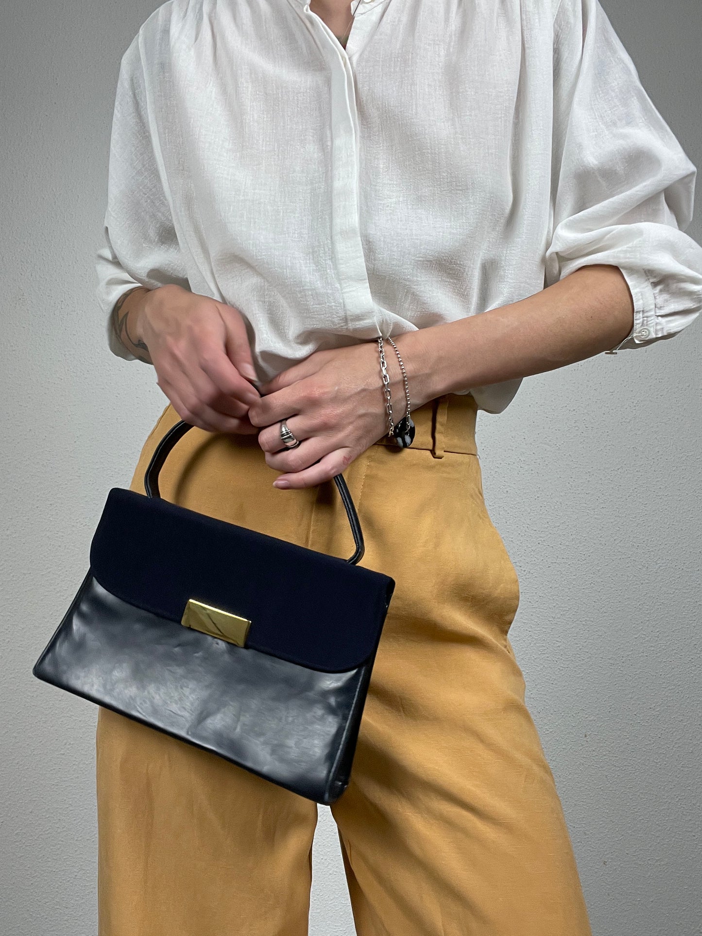 Vintage Navy Leather & Textile Handbag