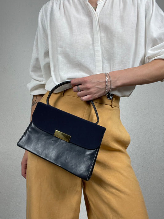 Vintage Navy Leather & Textile Handbag