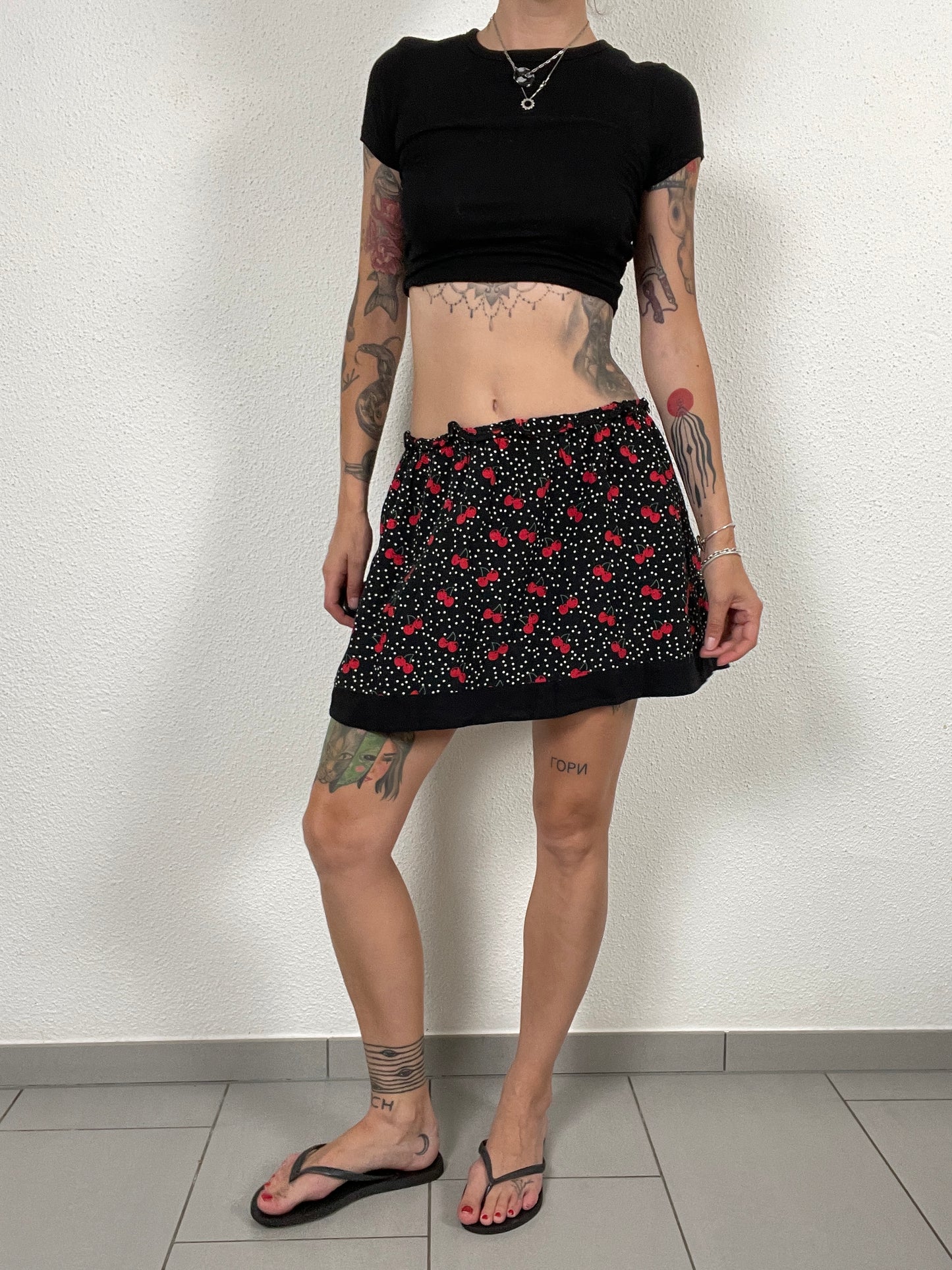 Late 2000s Cherry Print Polka Dot Mini Skirt