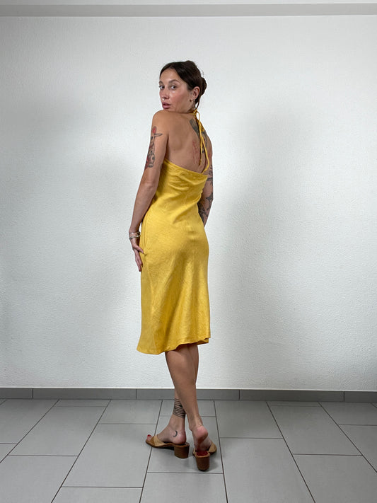 Y2K Yellow Linen Halter Dress with Gem Details