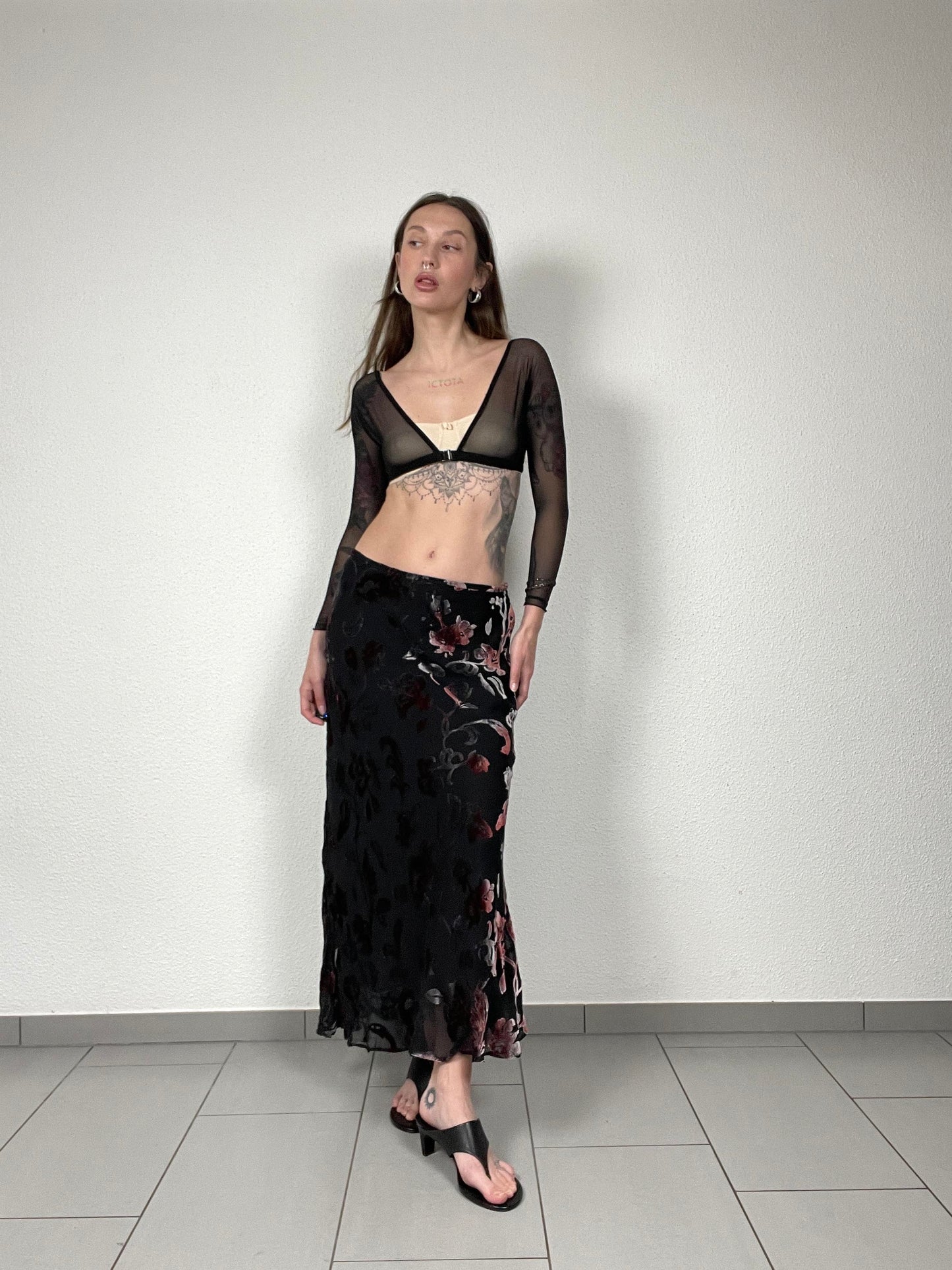 Velvet floral bias skirt