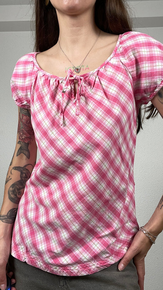 Y2K Pink Check Cotton Top