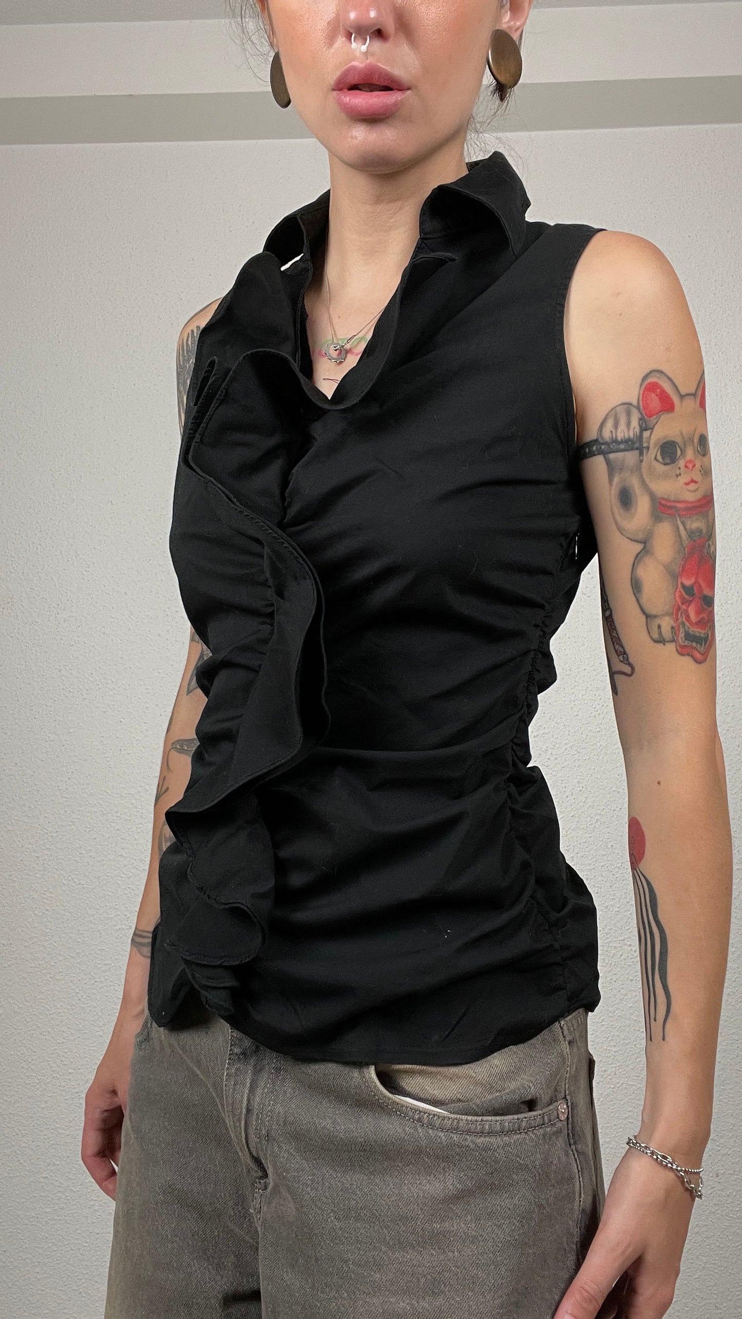 Y2K Ruffle Front Sleeveless Blouse